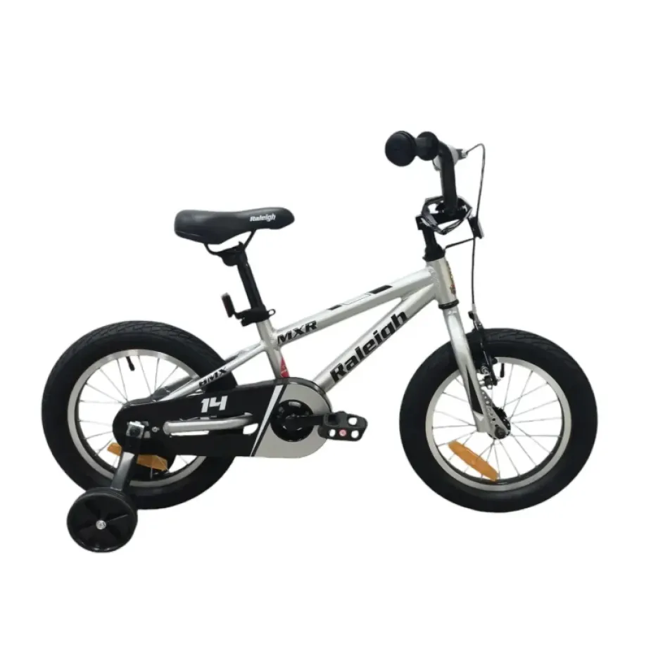אופני ילדים BMX MXR 14 אינץ' Raleigh בצבע כחול – שלדת אלומיניום קלה, גלגלי עזר לביטחון, בלם רגל אחורי ובלם V קדמי, מתאים לגילאי 3–5 בתל אביב – אופני שחף